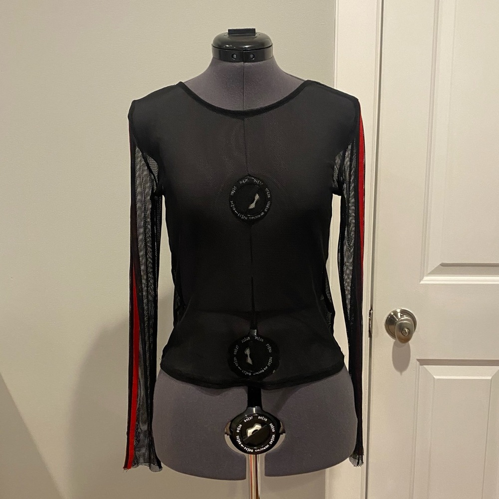Honey Punch Black Long Sleeve Mesh Shirt with Red Stripes on Sleeves